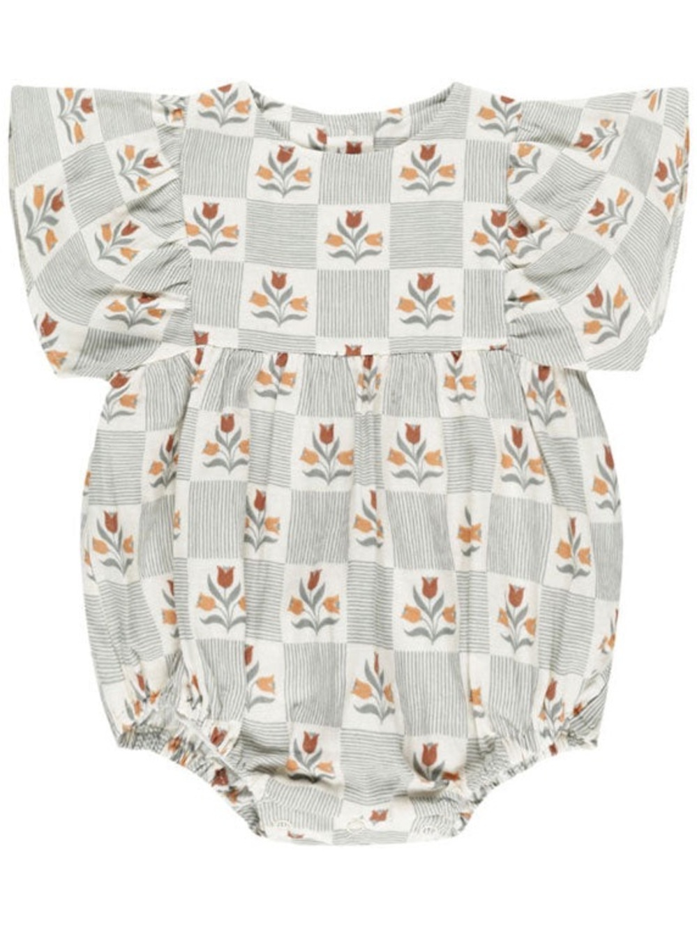 Rylee + Cru Garden Grid Kalea Romper | Baby Floral Check Ruffle - Cream & Rust